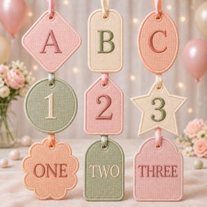 Puede incluir: Una colección de etiquetas decorativas en colores pastel con letras, números y palabras bordadas. Las etiquetas tienen varias formas, incluyendo un diamante, un óvalo, un círculo y una estrella, y están suspendidas por cintas.