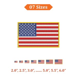 Può includere: Toppa ricamata della bandiera americana con strisce rosse e bianche e un campo blu di stelle bianche. L'immagine mostra sette diverse dimensioni, da 5,08 cm a 15,24 cm. Il testo "07 Sizes" è visualizzato sopra la bandiera.