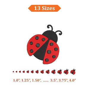 May include: A red and black ladybug design with black dots and antennae. The image includes the text "13 Sizes" and size measurements ranging from 1.0" to 4.0" for the ladybug design.