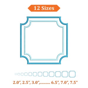 May include: A light blue square frame with rounded corners, outlined in a darker blue. The text "12 Sizes" is in an orange banner above the frame. Below, various sizes are listed, ranging from 5.08 cm to 19.05 cm in diameter.