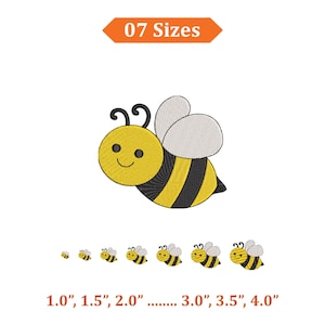 May include: Embroidered bee design in yellow and black with white wings. The image shows seven different sizes, ranging from 1.0" to 4.0" in height. The text "07 Sizes" is displayed in an orange banner above the bee.