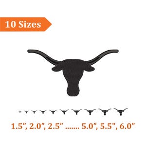 May include: A black embroidered longhorn logo with curved horns. The image displays the logo in various sizes, ranging from 1.5 inches to 6.0 inches. The text "10 Sizes" is in an orange banner.