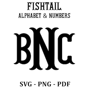 May include: Black and white graphic featuring the letters "BNC" in a fishtail font. The text "FISHTAIL ALPHABET & NUMBERS" is above the letters. Below the letters are the words "SVG - PNG - PDF".