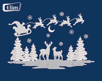 May include: White embroidered design of Santa Claus flying in a sleigh pulled by reindeer with a crescent moon and snowflakes on a dark blue background.