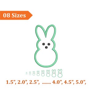 May include: A green outline of a bunny with three black dots for eyes and a nose. The image includes the text "08 Sizes" and sizes ranging from 1.5" to 5.0" for the bunny outline.