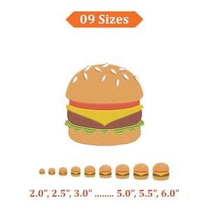 Puede incluir: Un diseño de hamburguesa bordada con pan de sésamo, queso y lechuga. La imagen incluye el texto "09 Tamaños" y opciones de tamaño que van desde 5,08 cm hasta 15,24 cm de diámetro. El diseño es adecuado para proyectos de bordado.