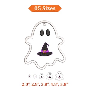May include: A white ghost-shaped ornament featuring two black oval eyes and a purple witch hat with a yellow buckle. The text 05 Sizes is at the top, and the text 2.0", 2.8", 3.8", 4.8", 5.8" is at the bottom, showing five ghost sizes in a row.
