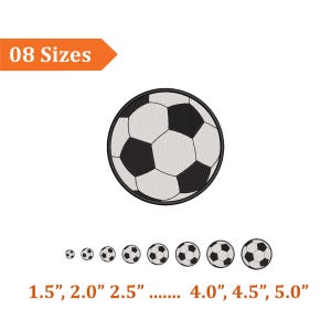 May include: A black and white soccer ball design with a variety of sizes. The image includes the text "08 Sizes" and the sizes 1.5", 2.0", 2.5", 4.0", 4.5", and 5.0".