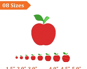 Puede incluir: Diseño de bordado de manzana roja con hojas verdes, disponible en 8 tamaños. Los tamaños varían de 3,8 cm a 12,7 cm de diámetro. El diseño presenta una manzana grande y varias versiones más pequeñas.