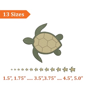 May include: An embroidered sea turtle design in shades of green and tan. The image shows the design in various sizes, ranging from 1.5 inches to 5.0 inches. The text "13 Sizes" is displayed in an orange banner.