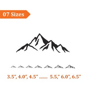 Peut inclure: Graphique de chaîne de montagnes noire avec le texte "07 Sizes" dans un encadré orange. En dessous, des versions plus petites de la montagne avec les tailles 3,5", 4,0", 4,5", 5,5", 6,0" et 6,5" listées.