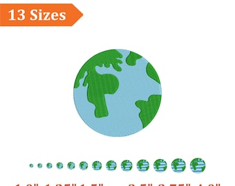 May include: An embroidered Earth design with green continents on a blue backdrop. The image shows "13 Sizes" and size options from 2.5 cm to 10.2 cm in diameter. Ideal for crafting, the design is suitable for various projects.
