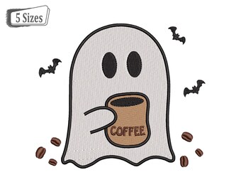 Motif de broderie fantôme buvant du café, mini mignon motif de broderie fantôme d'Halloween, motifs de broderie effrayants amateur de café, 4 tailles