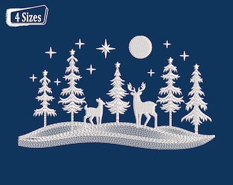 May include: White embroidery design of a winter scene with a deer and a fawn standing in a snowy forest with pine trees and a full moon in the sky.  The design is perfect for embroidery projects.