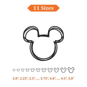 May include: Black outline of a Mickey Mouse head with two ears, surrounded by two additional outlines. The image includes the text "11 Sizes" in an orange banner. Below are 11 smaller Mickey Mouse head outlines with size measurements ranging from 2.0" to 5.0".
