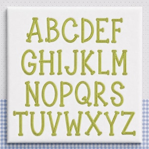 May include: A complete set of uppercase English alphabet letters from A to Z, rendered in a lime green color with a distinct striped texture. Each letter features a bold, rounded font style with horizontal end caps on the strokes.