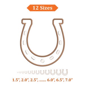 May include: A brown horseshoe design with 12 size options, ranging from 1.5" to 7.0". The horseshoe has a detailed outline with small, oval-shaped accents. The text "12 Sizes" is in an orange banner above the horseshoe.