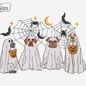 Diseño de bordado para halloween, patrones de descarga digital bordados de perro fantasma, diseños de bordado de Halloween, diseño de perro fantasma bordado