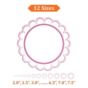 Op de afbeelding: Een roze geschulpte cirkelontwerp met een kleinere roze binnenste cirkel. De afbeelding bevat de tekst "12 Maten" en maatvoeringen variërend van 5,08 cm tot 19,05 cm.