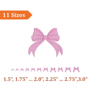 May include: Pink embroidered bow design with 11 size options. The sizes range from 1.5 inches to 3.0 inches. The image includes the text "11 Sizes" in an orange box.