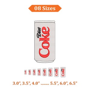 Puede incluir: Una lata blanca de Coca-Cola Light con letras rojas y una escritura negra "Diet". La imagen muestra 8 tamaños, que van desde 7,6 cm hasta 16,5 cm de altura. Una pancarta naranja en la parte superior dice "08 Tamaños."