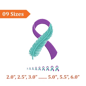May include: An embroidered design featuring a purple awareness ribbon with a teal feather. The image includes the text "09 Sizes" and size measurements: 2.0", 2.5", 3.0", 5.0", 5.5", and 6.0".