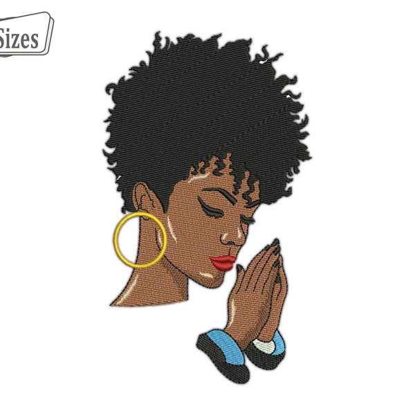 Afro Woman Praying Embroidery Design, African American Black Woman Digital Embroidery Machine Design Files, 3 sizes - Instant Download