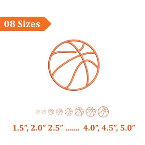 May include: An orange outline of a basketball with various sizes displayed below. The text "08 Sizes" is in an orange banner. Sizes range from 1.5" to 5.0" in diameter. The basketball design is a simple, line-art style.