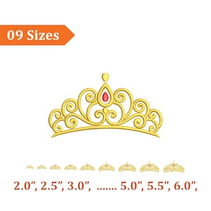 May include: Gold-colored embroidered tiara with a red gem at the center. The design features ornate swirls and a small gem at the top. The image includes the text "09 Sizes" and sizes ranging from 2.0" to 6.0".