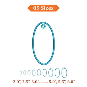 May include: A digital embroidery design featuring an oval shape with a small circular hole at the top. The text 09 Sizes appears at the top, and the text 2.0", 2.5", 3.0", ..... 5.0", 5.5", 6.0" appears at the bottom with nine oval outlines.