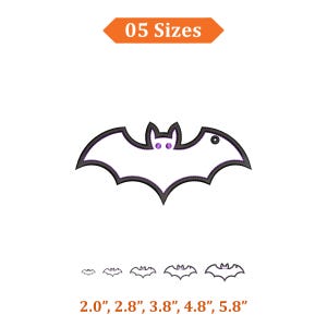 May include: An embroidery design of a bat with a white center, purple eyes, and a black outline. The text 05 Sizes appears at the top, and the measurements 2.0", 2.8", 3.8", 4.8", 5.8" are listed at the bottom below five smaller bat icons.