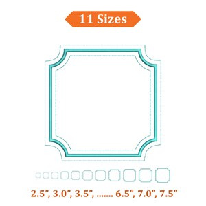 May include: A teal-colored, scalloped-edge frame design with a dotted inner border. The text "11 Sizes" is in an orange banner above the frame. Below, the sizes are listed: 2.5", 3.0", 3.5", ... 6.5", 7.0", 7.5".