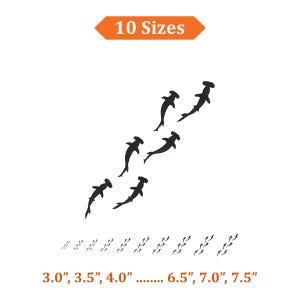 May include: Black hammerhead shark silhouettes in various sizes, ranging from 7.6 cm to 19.1 cm, are displayed on a white background. The image includes the text "10 Sizes" and size measurements in inches.