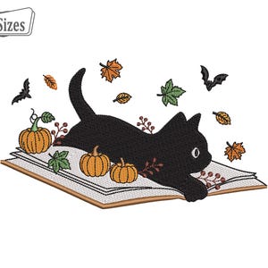 Halloween Cat Machine Embroidery Design, Spooky Vibes Pumpkin Cat Embroidery Design, Floral Fall Cat Book Embroidery Digital Download Files