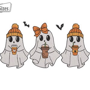 Cute Trendy Halloween Spooky Embroidery Files, Spooky Ghost with Coffee Digital Embroidery Machine Pattern Files - 4 sizes, Instant Download