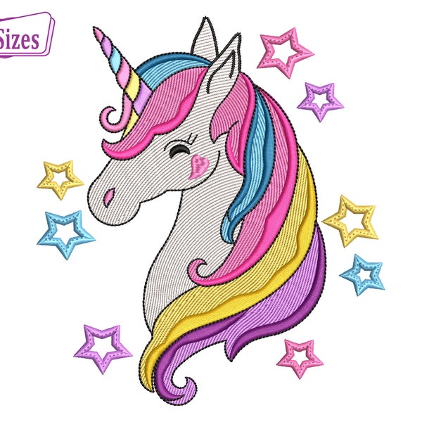 UNICORN Embroidery Designs, Unicorn Rainbow with Stars Digital Embroidery Machine Designs Files - 3 sizes, Instant Download