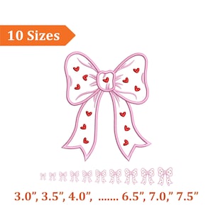May include: A pink bow design with red heart accents, available in 10 sizes. The sizes range from 3.0" to 7.5" in diameter. The text "10 Sizes" is in an orange box in the upper left corner.