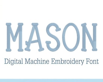 May include: The word MASON is displayed in a light blue, textured, stitched embroidery font. Below the name, the text reads Digital Machine Embroidery Font, and at the bottom, the text reads JELLY BEAN Alphabets in a simple black sans-serif font.