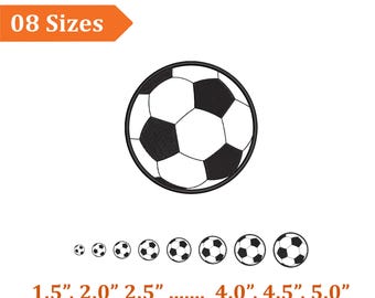 May include: A black and white soccer ball design with eight size options. The sizes range from 1.5 inches to 5.0 inches. The text "08 Sizes" is in an orange banner.