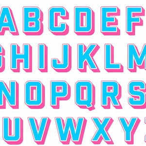 May include: A full alphabet in a bold, 3D font. Each letter is a vibrant turquoise with a pink shadow and a white outline, set against a clean white background. The letters are evenly spaced and clearly legible.