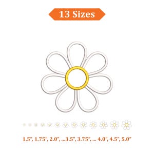 Puede incluir: Diseño de flor de margarita blanca con centro amarillo. La imagen incluye el texto "13 Tamaños" y medidas de tamaño que van desde 3,8 cm a 12,7 cm en incrementos. El diseño de la margarita se repite en tamaños más pequeños.