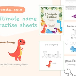 Cahier d'exercices personnalisé pour la recherche de noms de dinosaures | Apprendre à écrire un prénom pour les tout-petits | Écriture manuscrite | École à la maison | Pages imprimables d'un livre occupé