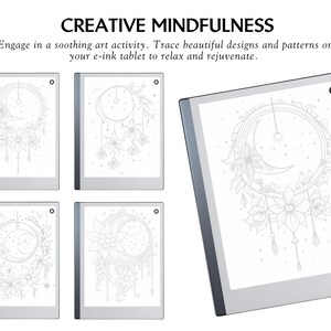 Peut inclure: Une tablette &agrave; encre &eacute;lectronique affiche un dessin au trait d&eacute;taill&eacute; d'un croissant de lune, de fleurs et d'&eacute;toiles. L'image fait partie d'une activit&eacute; de pleine conscience cr&eacute;ative. Le texte "CREATIVE MINDFULNESS" est en haut, avec des instructions en dessous.