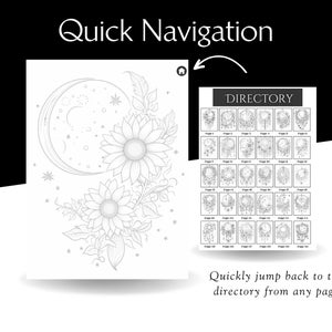 Peut inclure: Image en noir et blanc avec le texte "Quick Navigation". Un motif floral avec un croissant de lune et des tournesols est &agrave; gauche. Un r&eacute;pertoire d'images est &agrave; droite. Le texte "Quickly jump back to the directory from any page" est en bas.