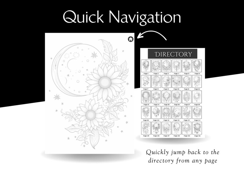 Peut inclure: Image en noir et blanc avec le texte "Quick Navigation". Un motif floral avec un croissant de lune et des tournesols est &agrave; gauche. Un r&eacute;pertoire d'images est &agrave; droite. Le texte "Quickly jump back to the directory from any page" est en bas.