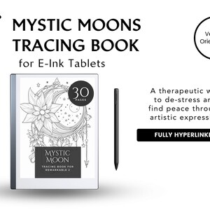 Peut inclure: Un livre de tra&ccedil;age num&eacute;rique pour tablettes E-Ink, avec un design floral et c&eacute;leste. Le livre contient 30 pages et est con&ccedil;u pour l'expression artistique. Le texte indique "MYSTIC MOONS TRACING BOOK for E-Ink Tablets". Comprend un stylet.