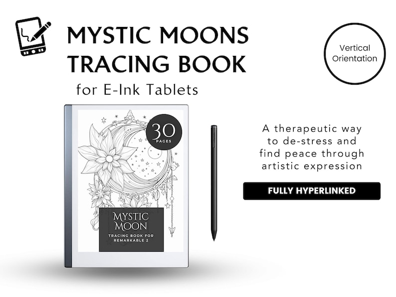 Peut inclure: Un livre de tra&ccedil;age num&eacute;rique pour tablettes E-Ink, avec un design floral et c&eacute;leste. Le livre contient 30 pages et est con&ccedil;u pour l'expression artistique. Le texte indique "MYSTIC MOONS TRACING BOOK for E-Ink Tablets". Comprend un stylet.