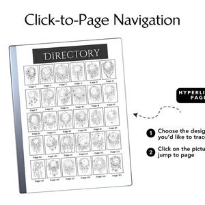 Peut inclure: Un r&eacute;pertoire num&eacute;rique avec une grille de motifs de capteurs de r&ecirc;ves en noir et blanc. Le texte "DIRECTORY" est en haut. Les instructions indiquent de choisir un motif et de cliquer pour acc&eacute;der &agrave; la page. Le texte "Click-to-Page Navigation" est en haut.