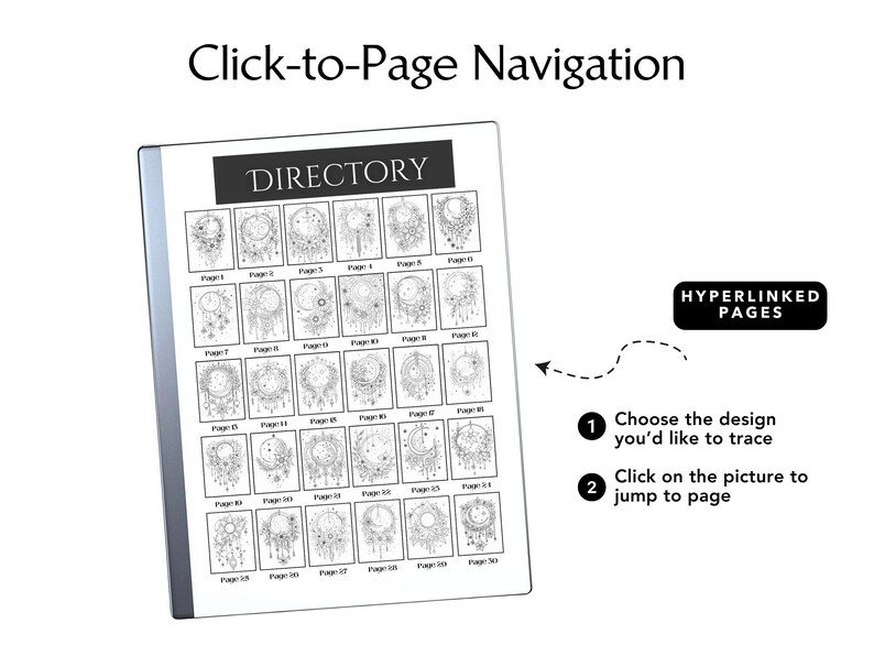 Peut inclure: Un r&eacute;pertoire num&eacute;rique avec une grille de motifs de capteurs de r&ecirc;ves en noir et blanc. Le texte "DIRECTORY" est en haut. Les instructions indiquent de choisir un motif et de cliquer pour acc&eacute;der &agrave; la page. Le texte "Click-to-Page Navigation" est en haut.