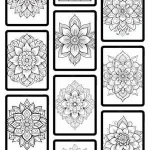 Peut inclure: Plusieurs motifs de mandalas en noir et blanc pr&eacute;sent&eacute;s sur des tablettes. L'image pr&eacute;sente divers motifs floraux, parfaits pour la coloration. Le texte &agrave; gauche indique "Easy-to-use" et &agrave; droite "Instant download".